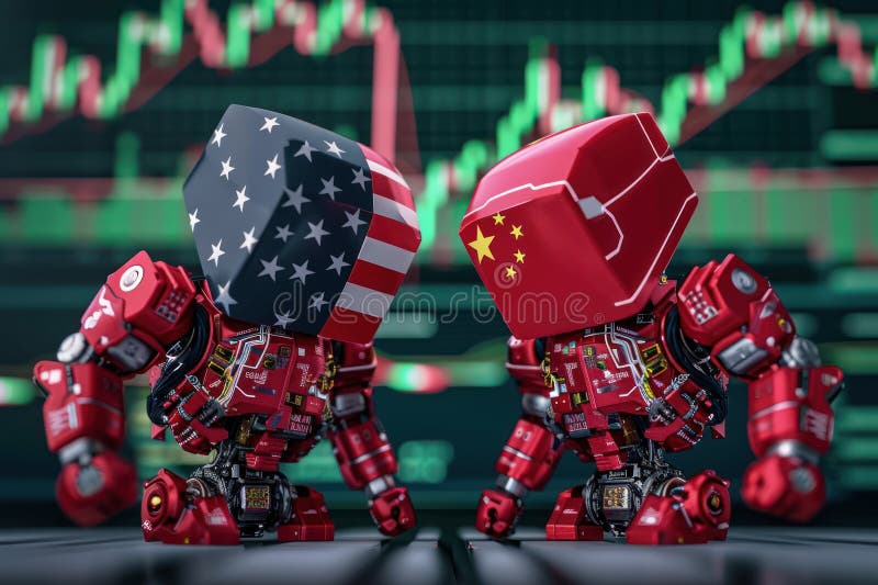 Robots representing American and Chinese flags face off on futuristic platform with stock market charts in background stock illustration