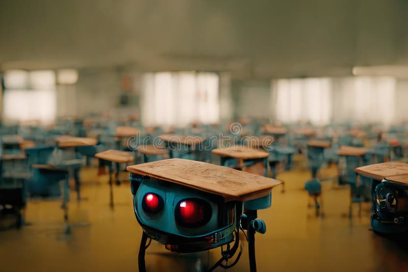 Futuristic School Classroom with Robots and Desks. Ai Generated Art
