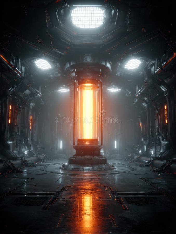 Futuristic Sci-Fi Corridor With Glowing Energy Source in a Dimly Lit Environment Showcasing Advanced Technology stock images