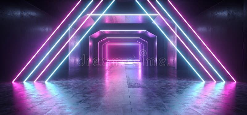 Futuristic Sci Fi Laser Neon Shapes Glowing Light Vibrant Purple Blue Stage NIght Club Background Grunge Concrete Dark Tunnel royalty free illustration.