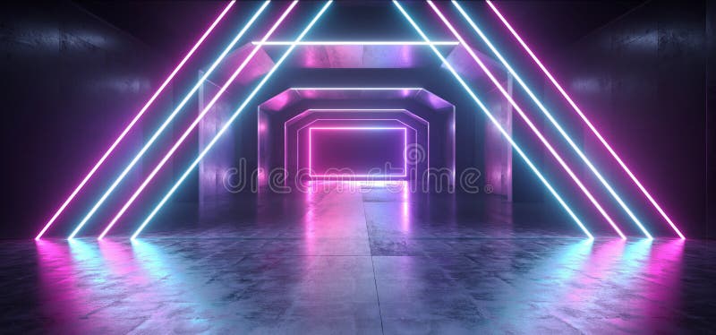 Futuristic  Sci Fi Laser Neon Shapes Glowing Light Vibrant Purple Blue Stage NIght Club Background Grunge Concrete Dark Tunnel