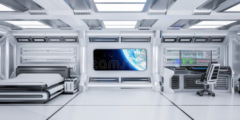 Futuristic Science Fiction Bedroom Interior with Planet Earth View in Space Station, 3D Rendering