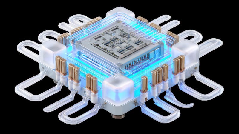 Futuristic server chip processing data with transparent background vector illustration