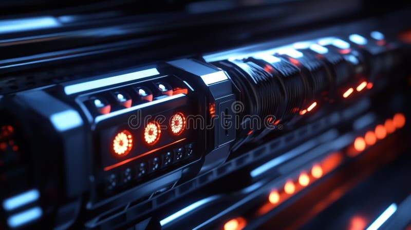 Futuristic server rack processing data with red and blue lights vector illustration