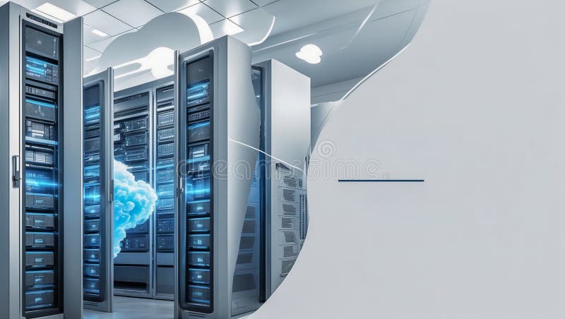 Futuristic server room with cloud computing and digital interface vector illustration