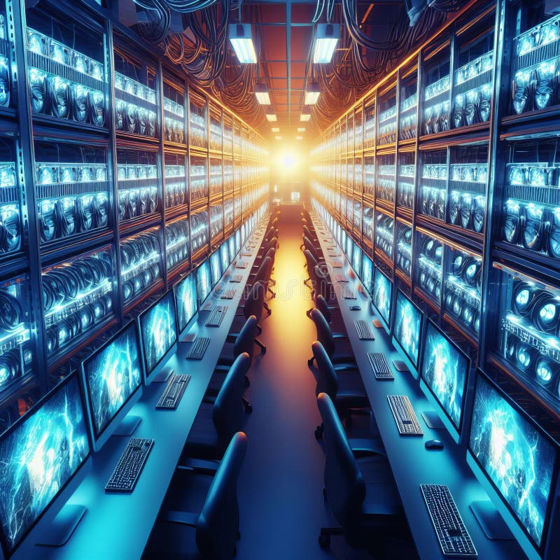 Futuristic Server Room Glowing in Blue stock images