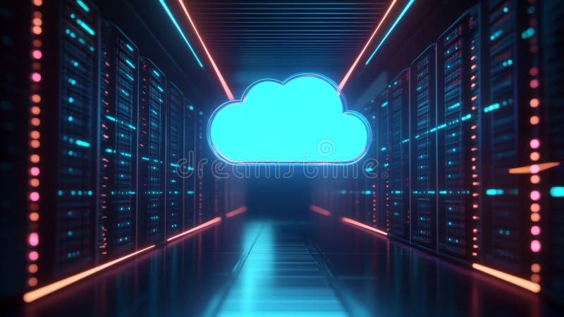 Futuristic server room with glowing cloud illustration stock illustration