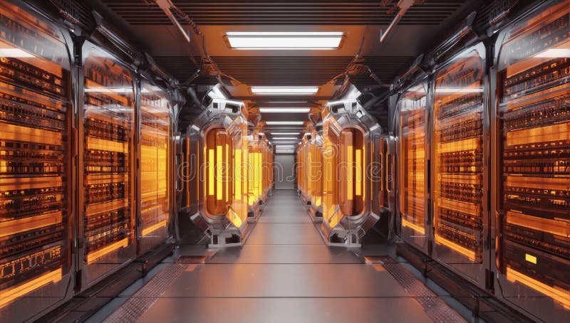 Futuristic server room hosting quantum computers processing data royalty free stock photography