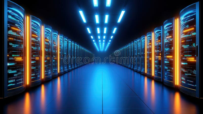 Futuristic server room with illuminated racks and vibrant blue and orange lighting creating a high-tech digital data stock photos