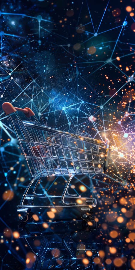 Futuristic Shopping Concept with Digital Network and Shopping Cart. A shopping cart set against a digital network backdrop, symbolizing modern e-commerce and technology integration. Generative AI