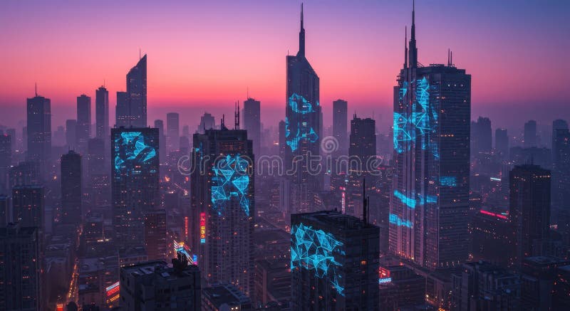 Futuristic skyline at dusk with illuminated digital patterns on high-rise buildings stock photos