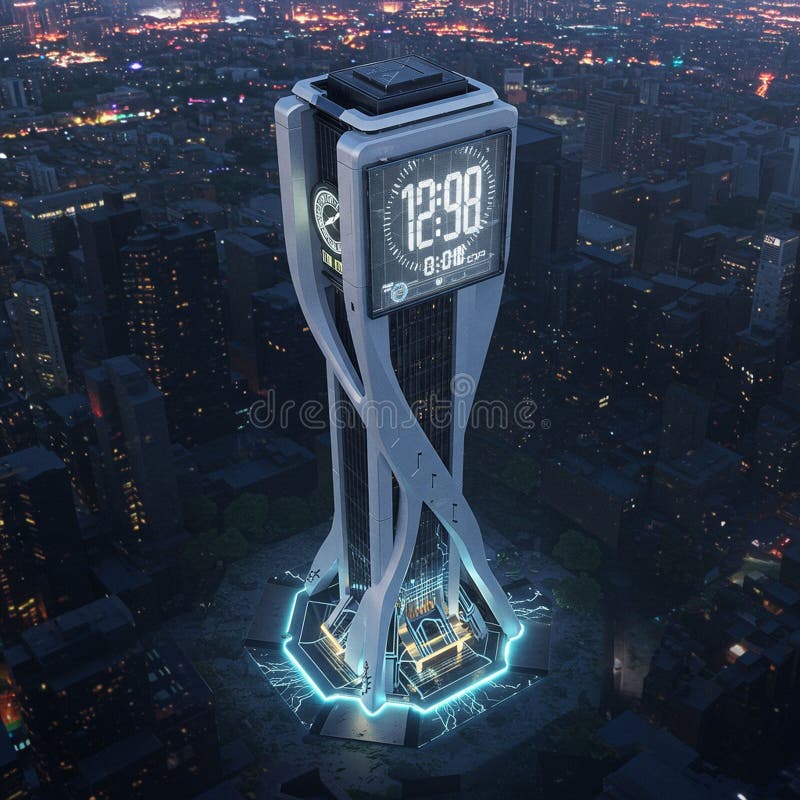 Futuristic skyscraper against a city backdrop at night, featuring a large digital clock stock illustration