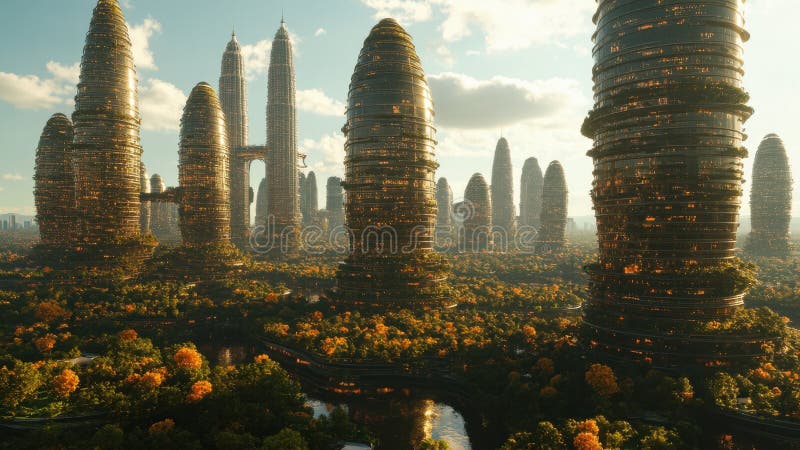 Futuristic skyscraper designed like an anthill, alive with synchronized movement of people and transport capsules stock photo