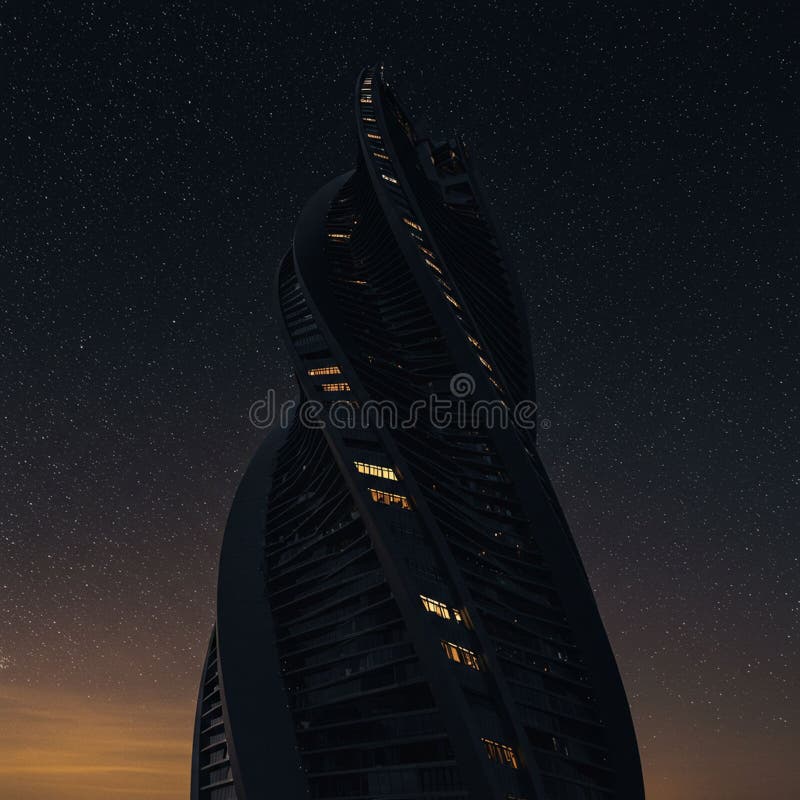 Futuristic skyscraper with a twisted, helical design against a starry night sky. The royalty free illustration