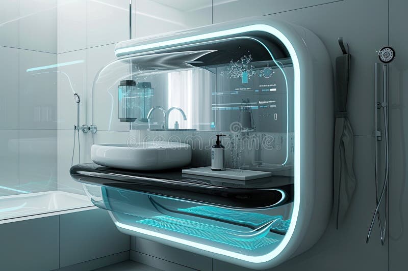 Futuristic sleek smart bathroom pod A futuristic plumbing system utilizing nanotech vector illustration