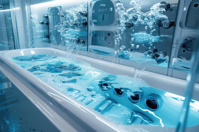 Futuristic sleek smart bathroom pod A futuristic plumbing system utilizing nanotech royalty free illustration