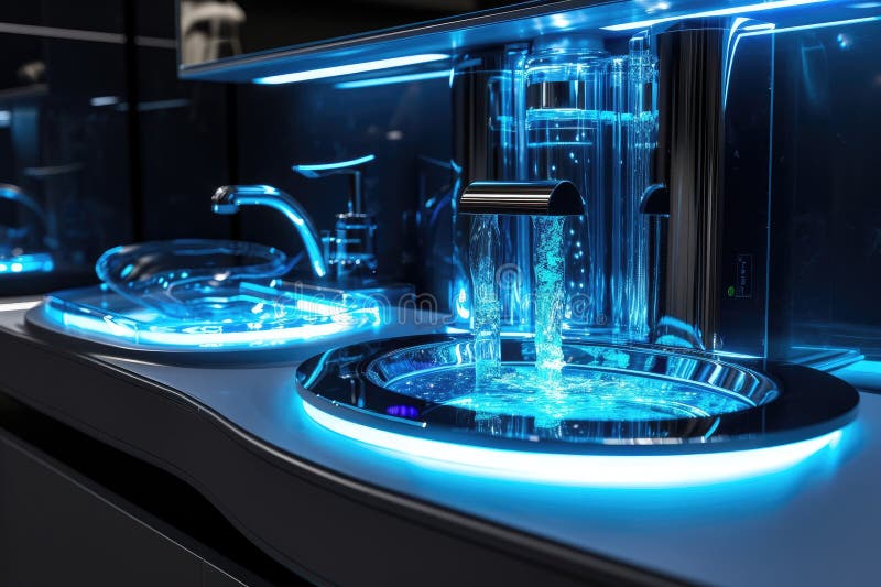 Futuristic sleek smart bathroom pod A futuristic plumbing system utilizing nanotech vector illustration