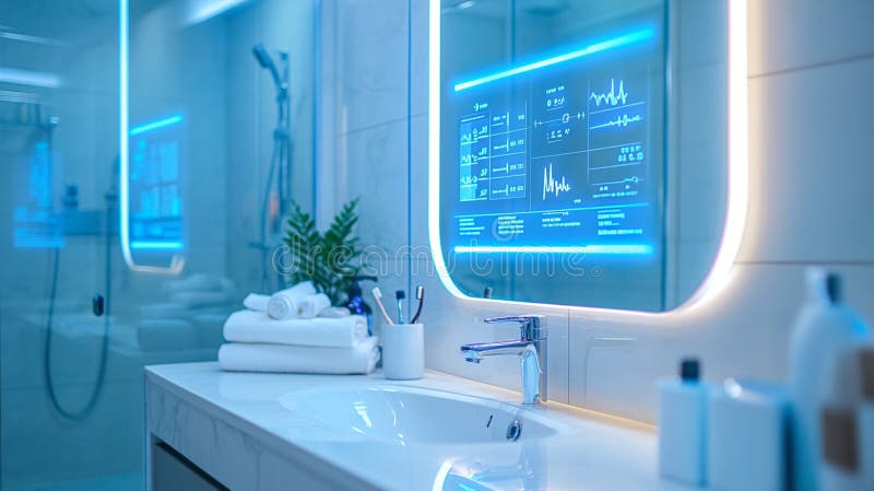 Futuristic smart bathroom with an illuminated digital mirror displaying health data, featuring a sleek sink, modern stock images