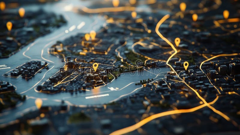 Futuristic smart city map showing navigation and location pins illuminating urban infrastructure. Illuminated location pins highlight key points on a futuristic, glowing map of a smart city, showcasing innovative urban planning and navigation technology AI generated