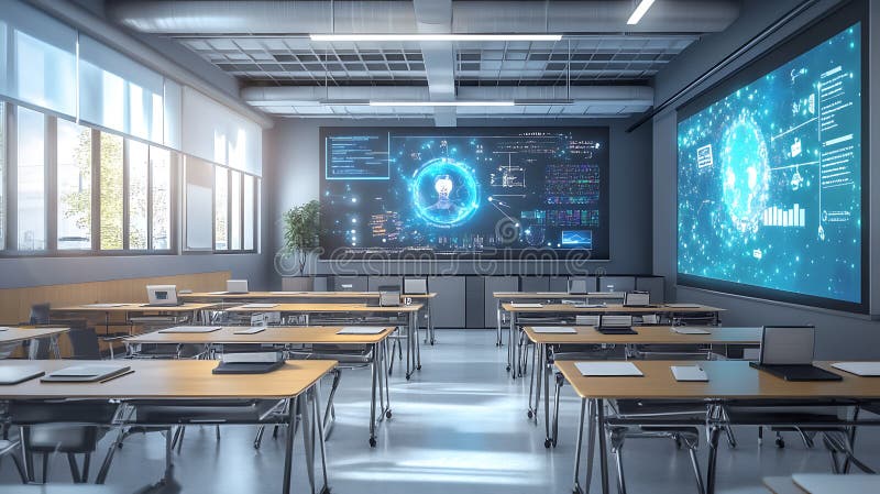 A futuristic smart classroom with holographic teachers and interactive digital textbooks vector illustration