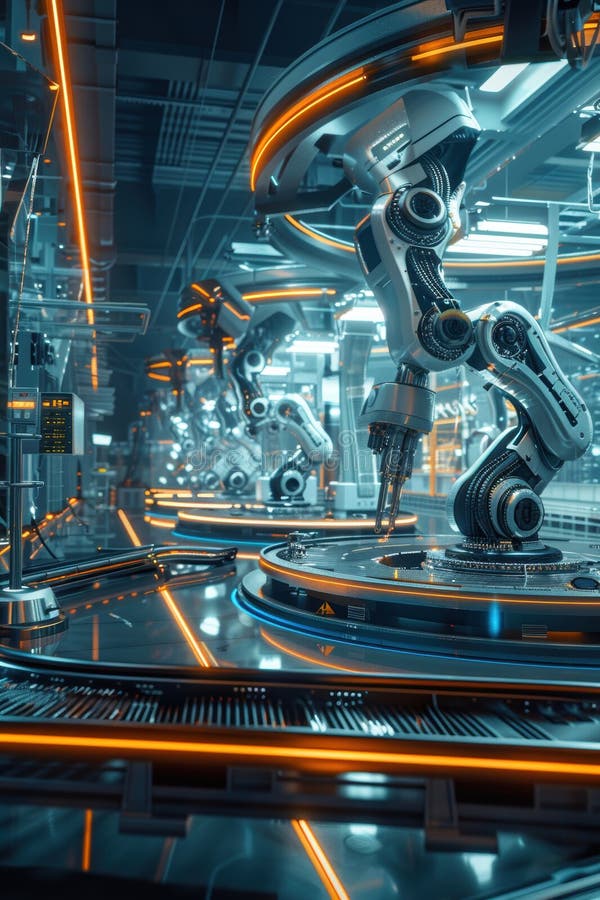Futuristic Smart Factory: Robotic Systems and Engineers Creating Clean Energy Devices stock photo