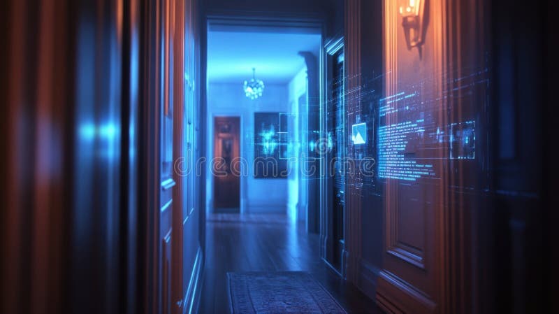 Futuristic smart home corridor displaying holographic data and information stock image