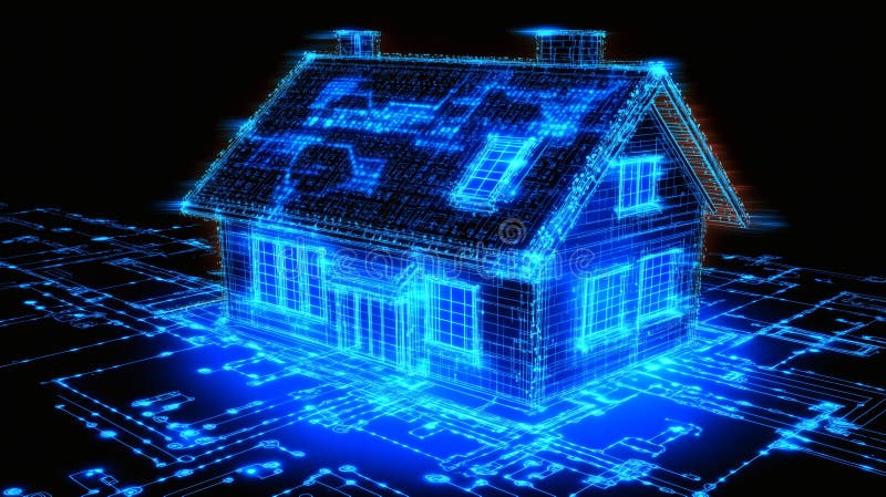 Futuristic Smart Home Digital Blueprint in Glowing Neon Circuit Style. royalty free illustration