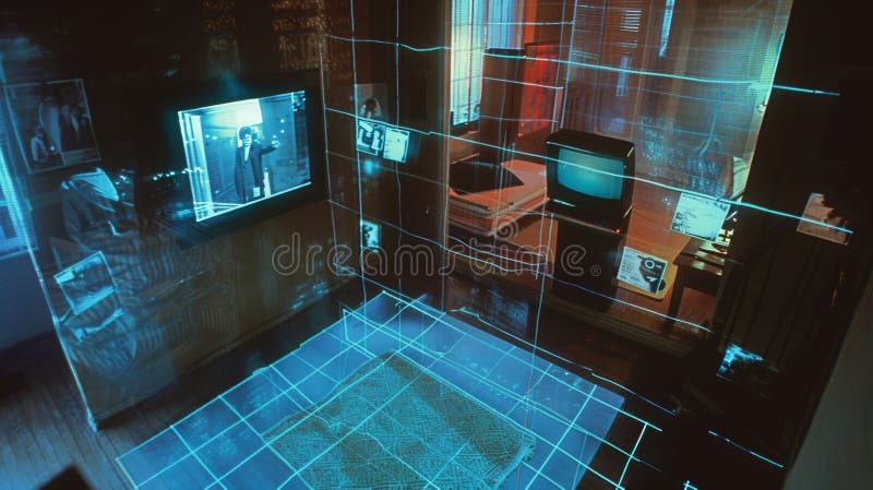 Futuristic smart home monitoring system displaying data. Futuristic smart home control panel displays video feeds and sensor grids, integrating technology seamlessly for home automation AI generated