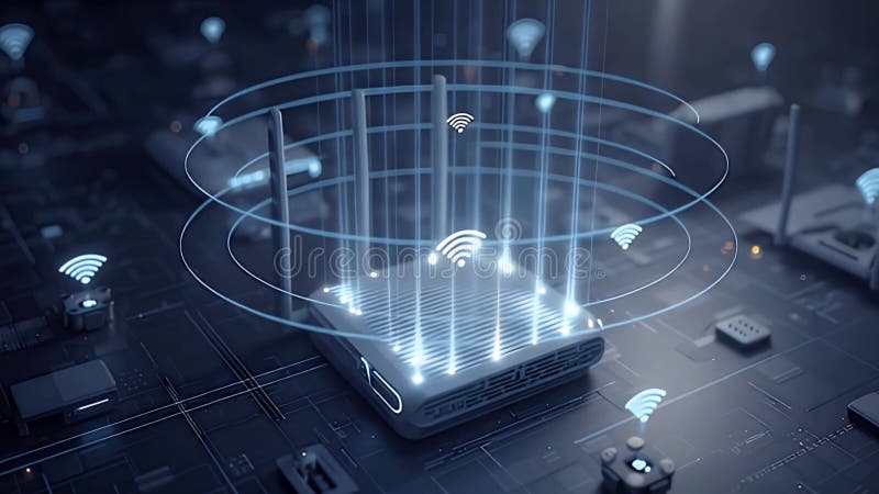 Futuristic smart home router video high tech wireless network stock illustration.