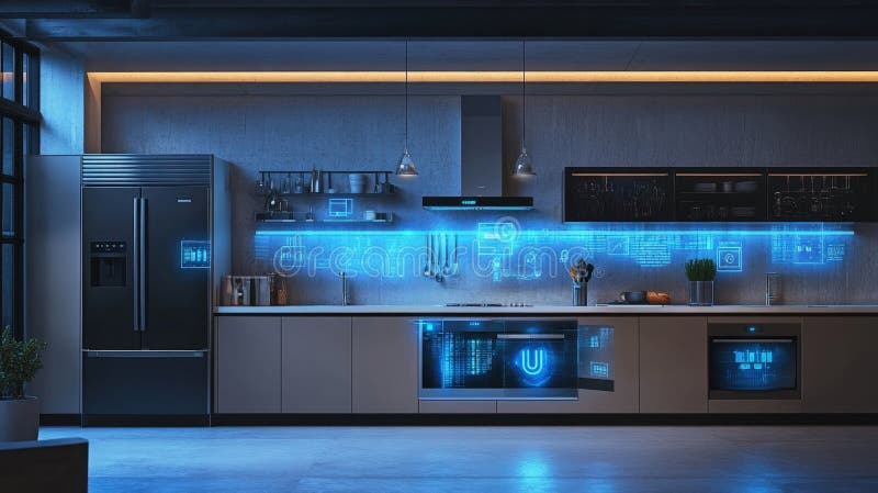Futuristic smart kitchen showing hologram interface with data and statistics stock photo