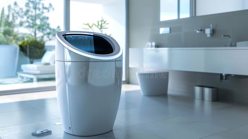 Futuristic Smart Laundry Bin for High-Tech Bathrooms stock illustration