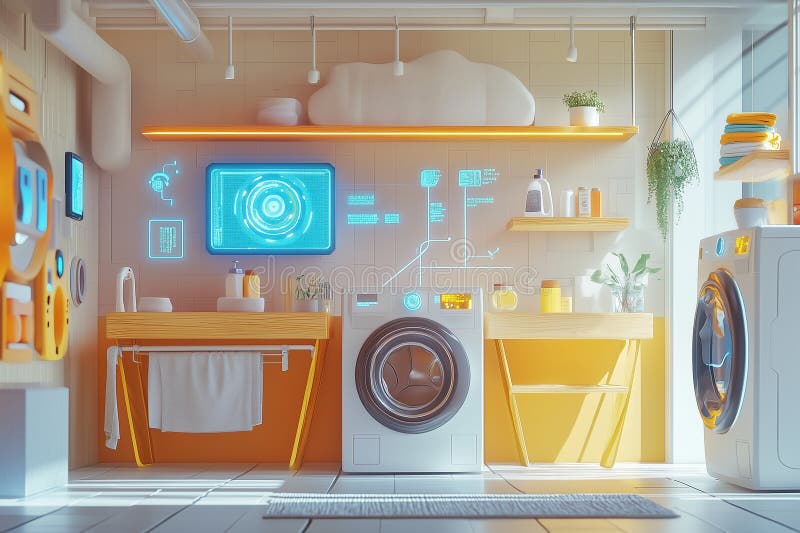 Futuristic smart laundry room with high tech automated system washing machine showcasing technological vector illustration