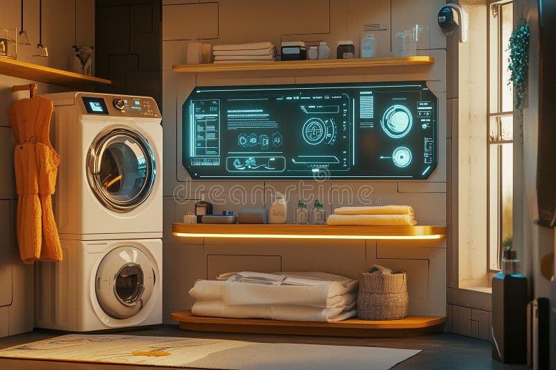 Futuristic smart laundry room with high tech automated system washing machine showcasing technological royalty free illustration