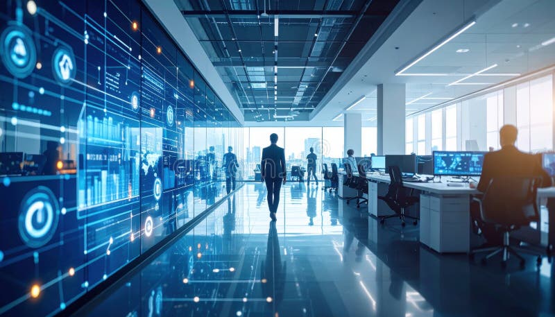 Futuristic smart office with digital display panels and workstations, blue lighting. Great for business technology, innovation vector illustration