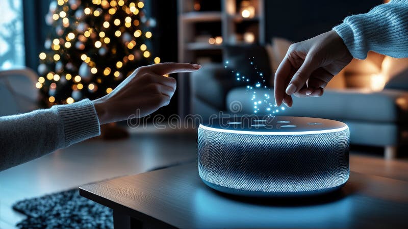 A futuristic smart speaker emits magical blue light as hands interact with it, creating a sense of advanced technology royalty free stock photos