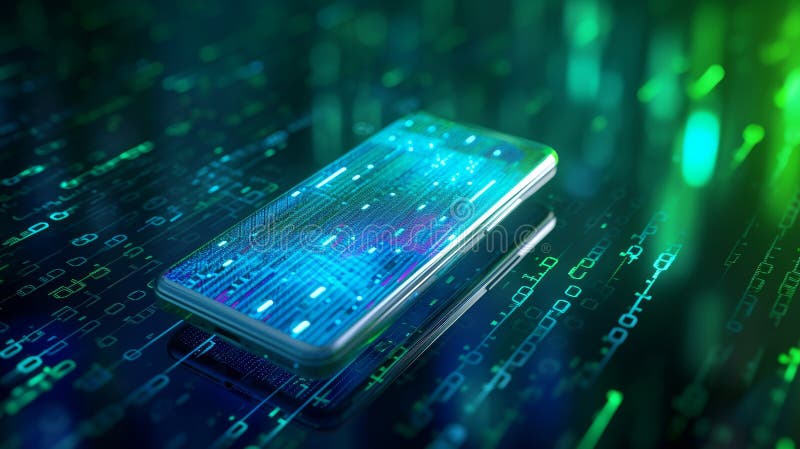 Futuristic smartphone on a digital matrix background stock photography
