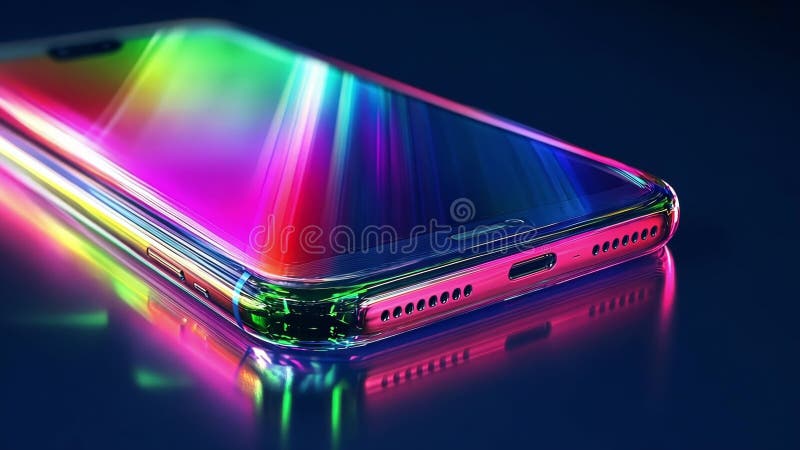 Smartphone glowing with neon lights showing futuristic technology and cyber security vector illustration