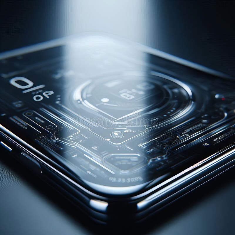 Futuristic smartphone with illuminated digital interface in focus royalty free stock photos
