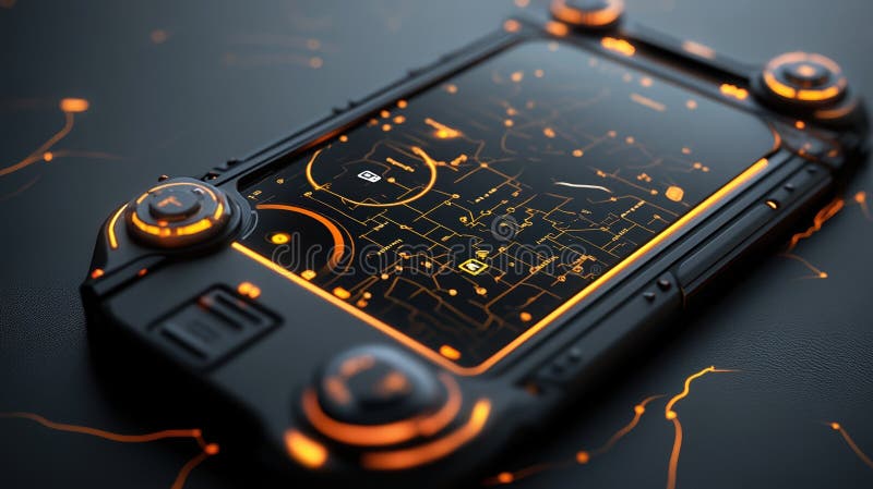 Futuristic smartphone interface with glowing circuit design and advanced technology stock illustration