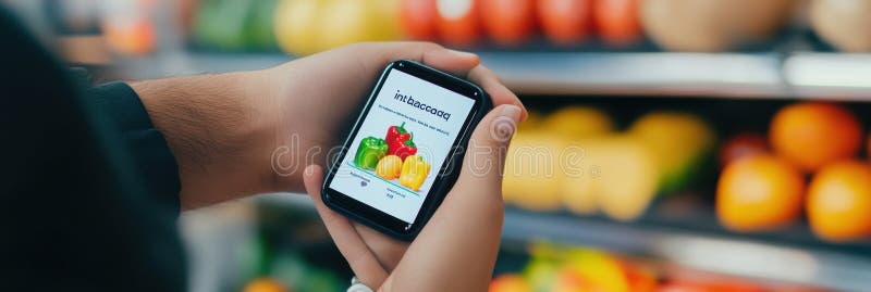 Futuristic smartwatch displaying grocery order in progress while shopping in modern store setting. A person interacts with a smartwatch showcasing a grocery order while shopping among colorful produce in a vibrant retail environment. AI generated