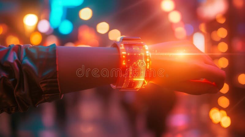 Futuristic smartwatch glowing with neon lights stock image