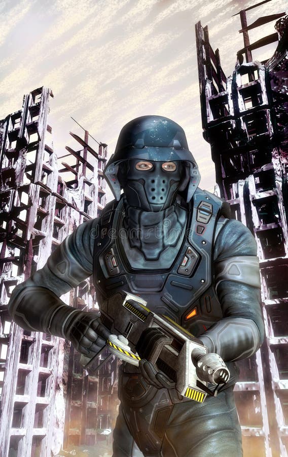Futuristic soldier in action at war stock illustration Futuristic soldier in action at war stock illustration