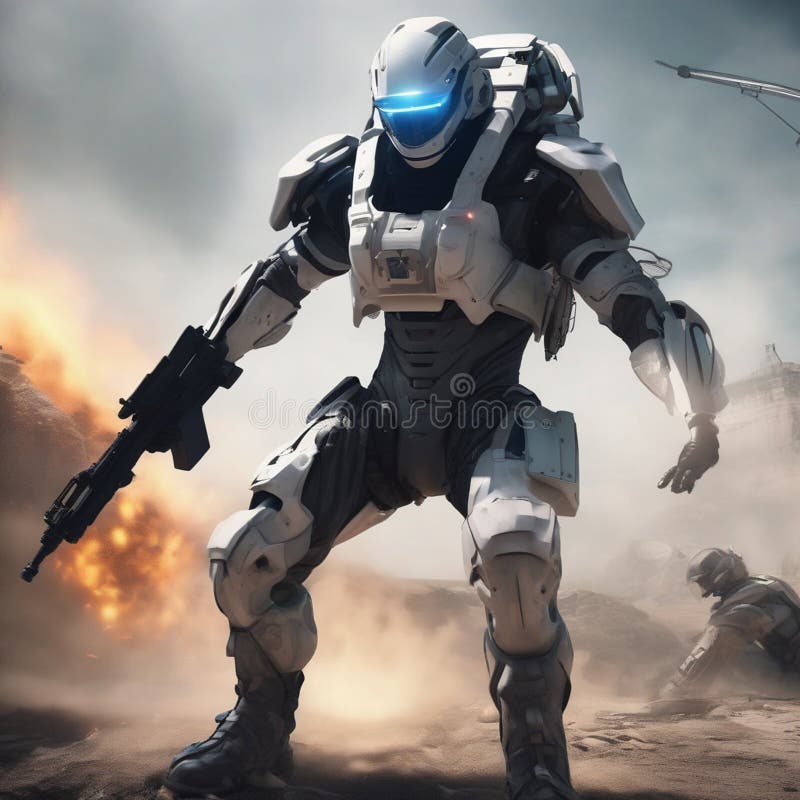 A futuristic soldier in a high-tech exosuit, dramatic battlefield lighting, ultra-realistic vector illustration