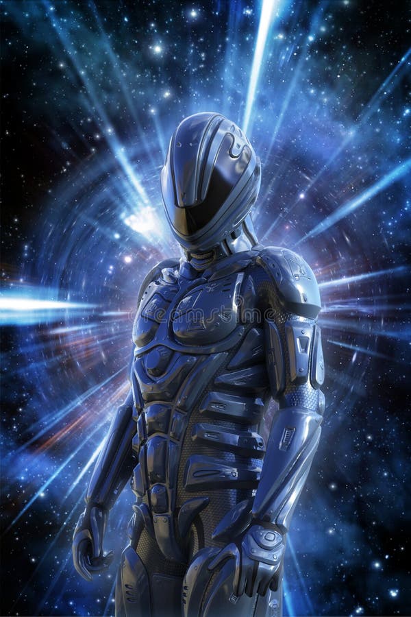 Futuristic soldier and space warp vector illustration