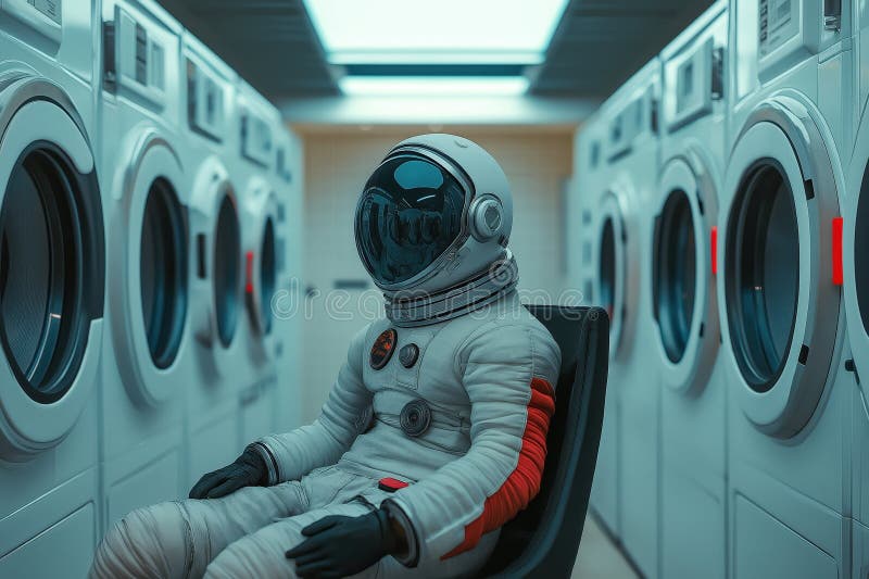 Futuristic Space Explorer in Advanced Suit Standing in a Laundry Room vector illustration