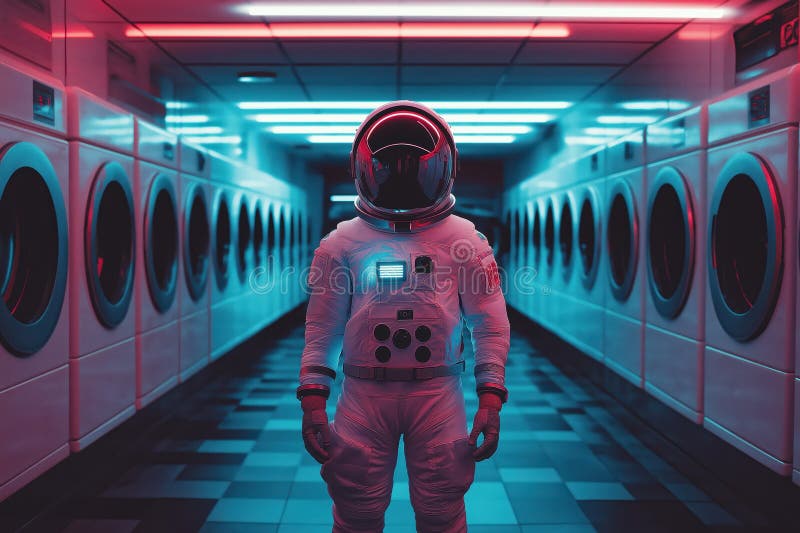 Futuristic Space Explorer in Advanced Suit Standing in a Laundry Room stock illustration