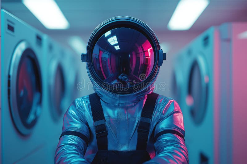 Futuristic Space Explorer in Advanced Suit Standing in a Laundry Room stock illustration