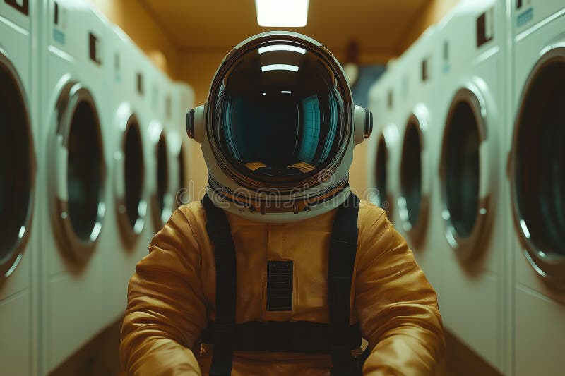 Futuristic Space Explorer in Advanced Suit Standing in a Laundry Room vector illustration
