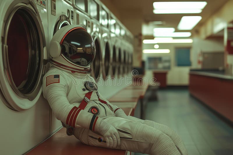 Futuristic Space Explorer in Advanced Suit Standing in a Laundry Room stock illustration