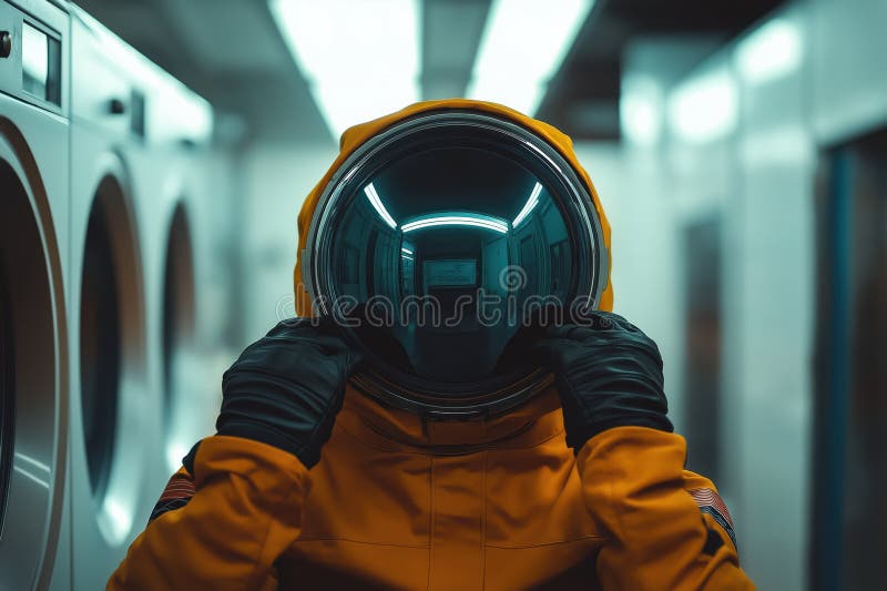 Futuristic Space Explorer in Advanced Suit Standing in a Laundry Room vector illustration
